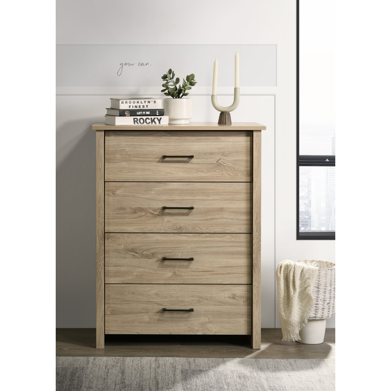 Wooden Chest With 4 Drawers And Metal Handles, Light Oak