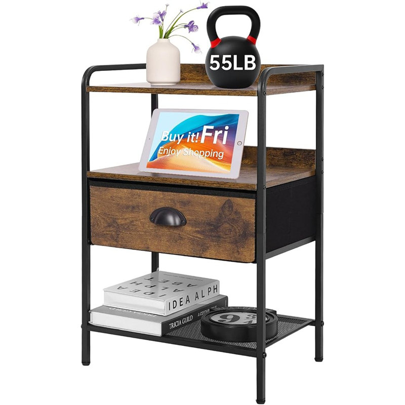 Night Stand With Fabric Drawer End Table With Smooth Edges Side Table With Storage Mesh Shelf Nightstand With Open Shelves For Bedroom, Living Room Decor Bedside Table Rustic (rustic Brown)