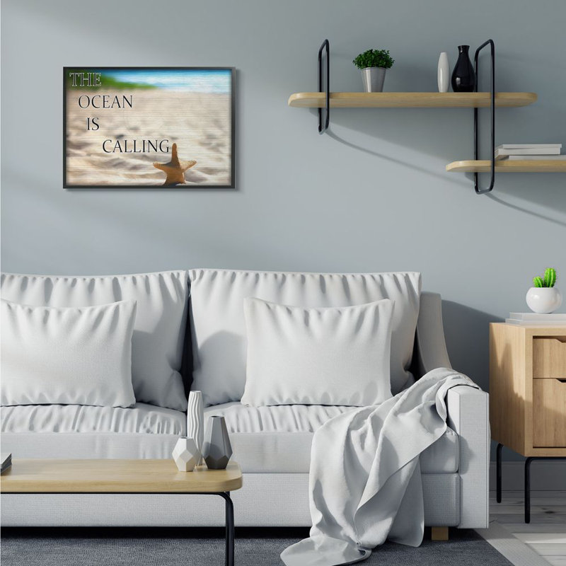 «Ocean Calling Inspirational Word Beach Coast Photo», impression sur toile, H 24 po x l 30 po, Giclée encadrée noir minuit