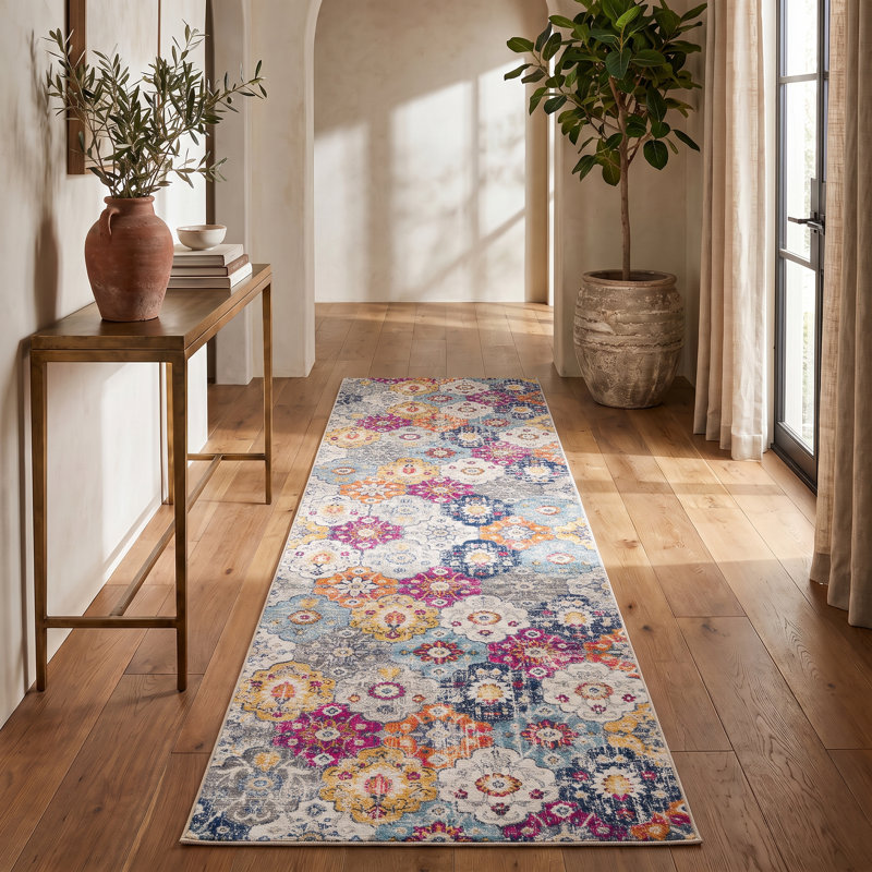 Tapis rose à motif abstrait Kymiere, Tapis de couloir 2 pi 3 po x 10 pi