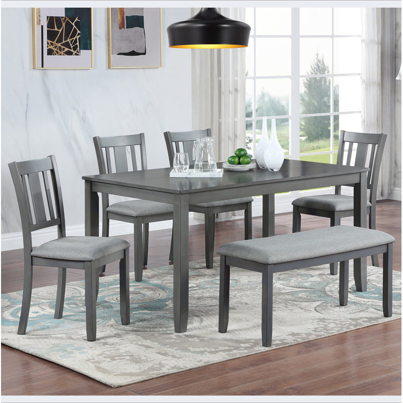 Ensemble de salle à manger de cuisine 6 pièces, table de salle à manger rectangulaire en bois avec 4 chaises rembourrées et un banc, ensemble de table de salle à manger pour 6 personnes, salon, bar et cuisine