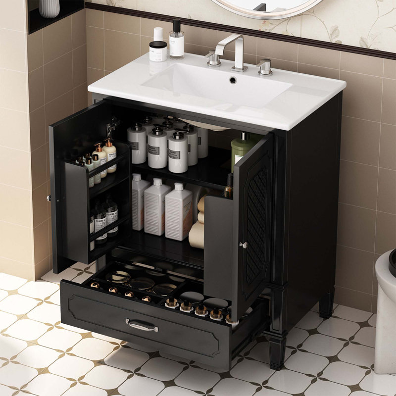 Meuble-lavabo de style rétro avec lavabo, espace de rangement multifonctionnel, Noir, noir, noir, noir