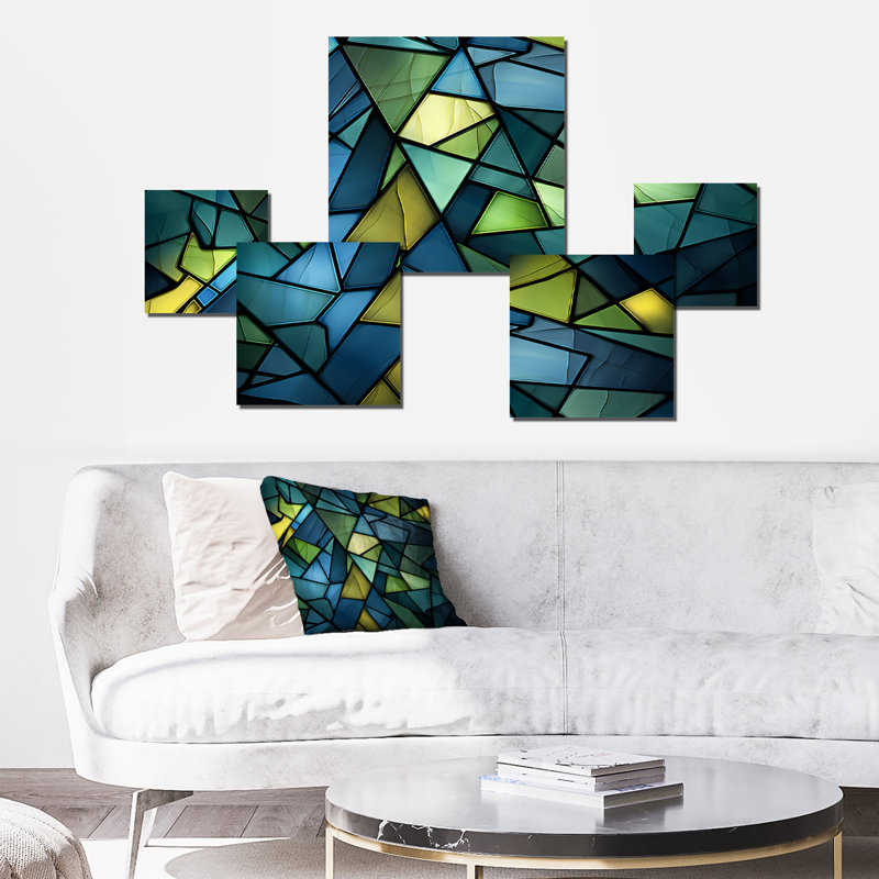«Blue Green Window Tides I», ensemble de 5 impressions murales carrées abstraites