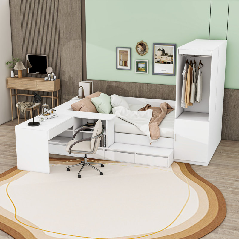 Full Wood Platform Bed with 6 Drawers, Shelves, Desk, Wardrobe and Charging Station, White