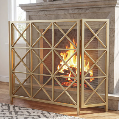 48.5" W 3-Panel Iron Mesh Fireplace Screen with Folding X Pattern Design