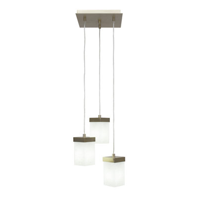 Karson 3 Light Cord Hung Cluster Pendalier Shown In New Age Brass Finish With 4" Square White Muslin Glass
