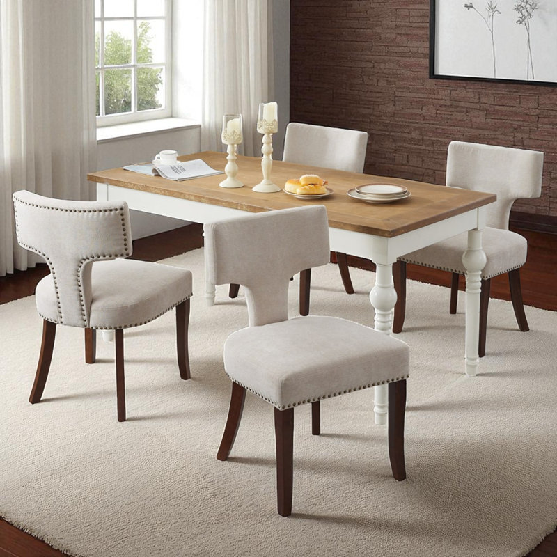 Chaise de salle à manger rembourrée style Mid-Century avec pieds en bois massif, Beige