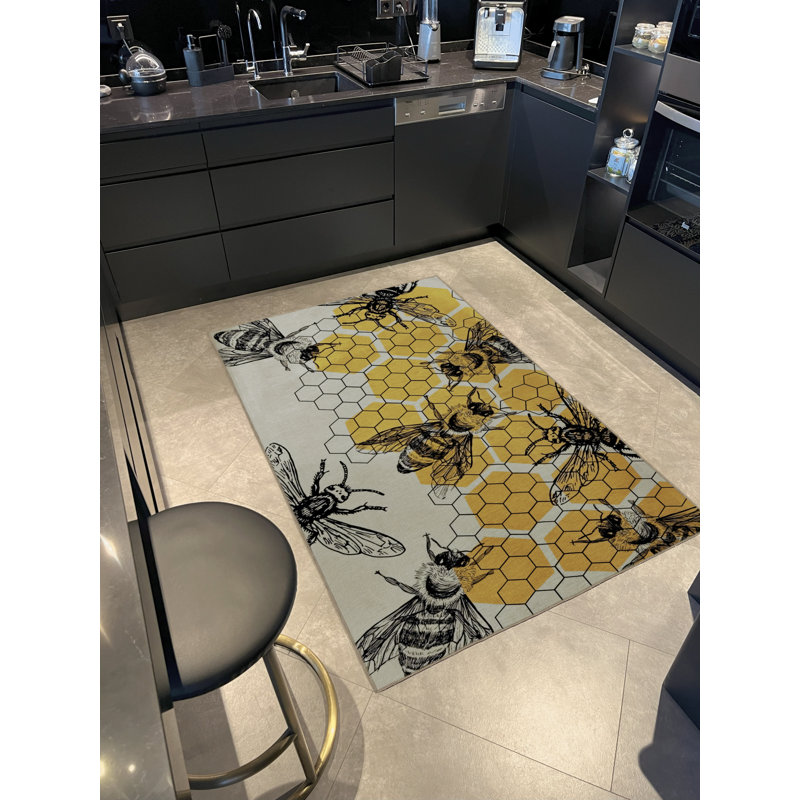 Tapis décoratif moderne jaune-beige à motif de ruche et d'abeille, Rectangle 3 pi 9,81 po x 4 pi 11,06 po