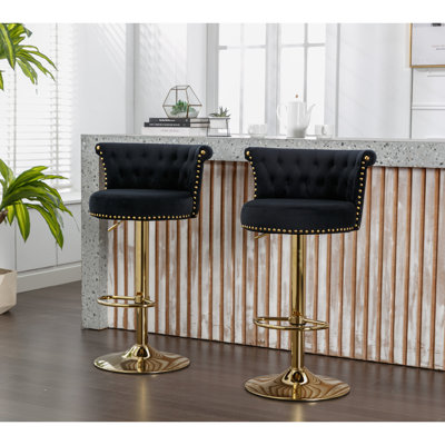 Chaise de bar pivotante en velours 360 ° UNIS UNI WIN, dossier fabriqué à la main à hauteur réglable en un clic, chaise de salle à manger à coussin très doux, chaise de bar moderne sur îlot de cuisine, café 2 pièces / ensemble