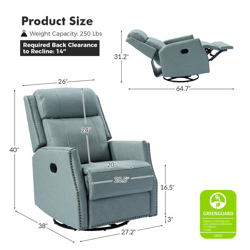 Elimelec Genuine Leather Manual Swivel Recliner, Sage