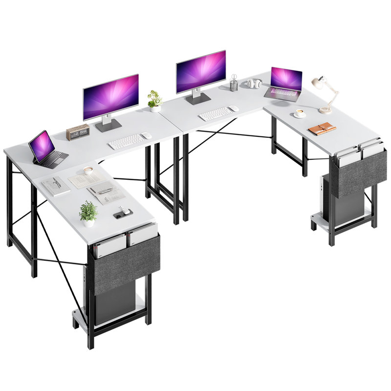 Bureau d'ordinateur en L avec support pour écran de bureau et sac de rangement latéral, Blanc
