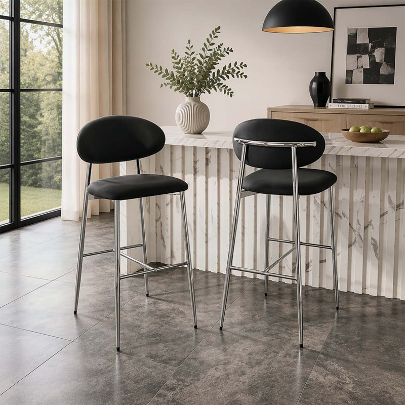 Set of 2 Modern Bar Stools, Curved-Back PU Leather Upholstered Counter Chairs with Metal Frame and Footrest, Black PU, Chrome