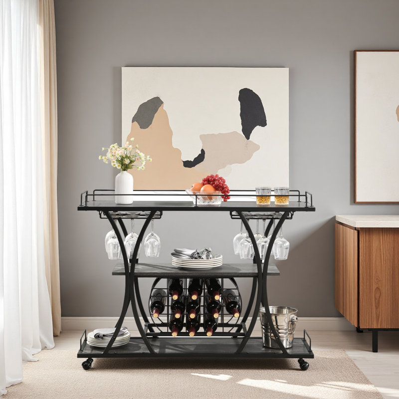 Industrial Bar Cart Kitchen Bar&Serving Cart For Home With Wheels 3 -Tier Storage Shelves
