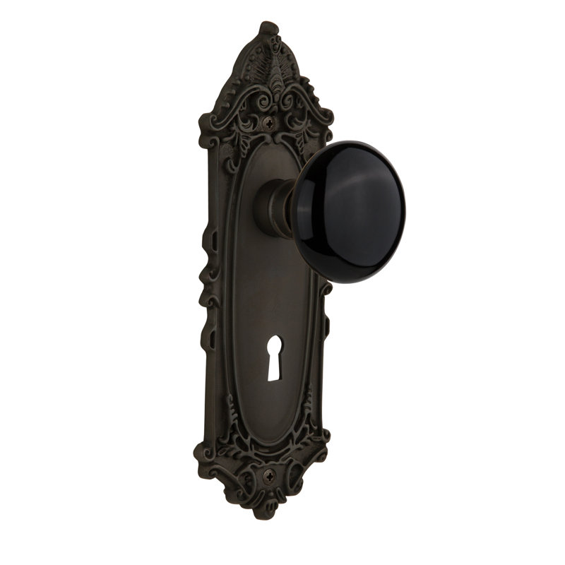 Black Porcelain Interior Mortise Door Knob with Victorian Long Plate, Oil-Rubbed Bronze
