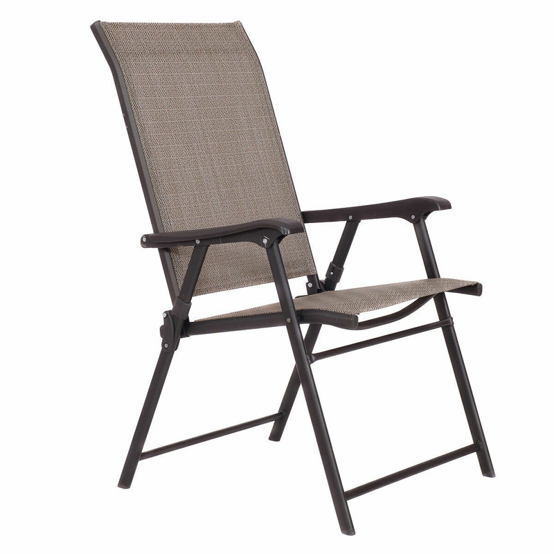 Brown Steel Frame Foldable Patio Dining Chairs with Mesh Seats, Set of 2