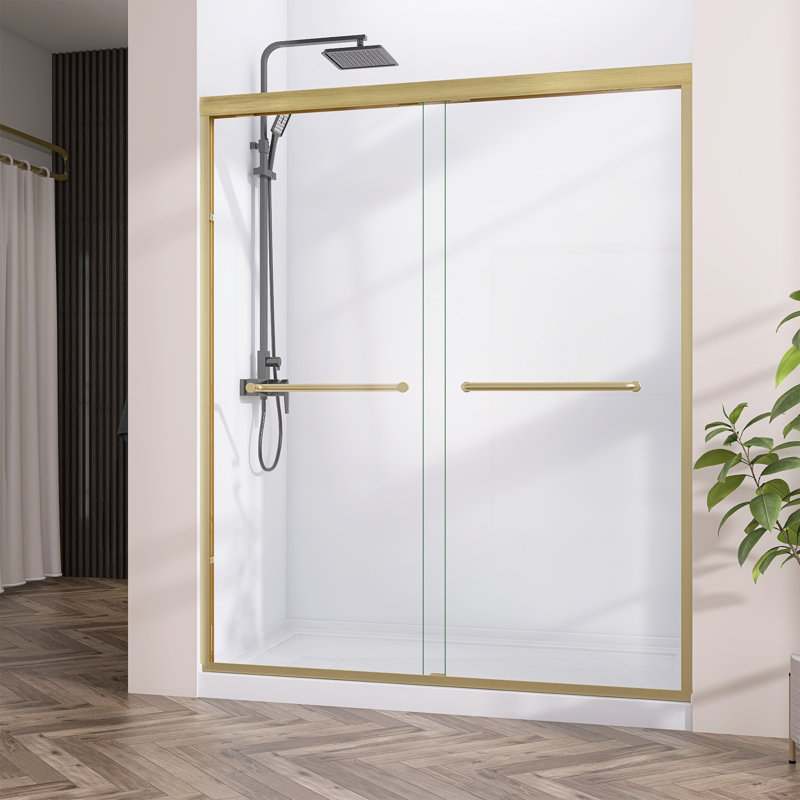 Amy 56" - 60" W X 72" H Semi-Frameless Double Sliding Bathroom Shower Door Bypass with Clear Tempered Glass in Brass Gold