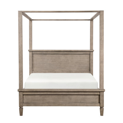 Gray Oak Finish King Canopy Bed, Classic Transitional, Removable Canopy, Bedroom Furniture With Headboard, And Slats, Prestigious Bed Transitional Style, Piece Rails, Memorable