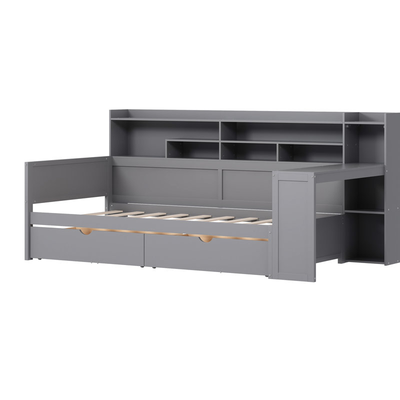 Lit de jour simple en bois gris avec tablettes de rangement, deux tiroirs et un bureau d'étude pour la chambre à coucher