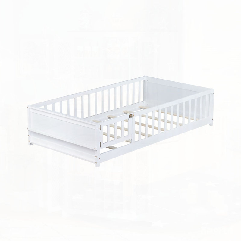 Lit simple au sol avec porte-livres et porte intégrés, White