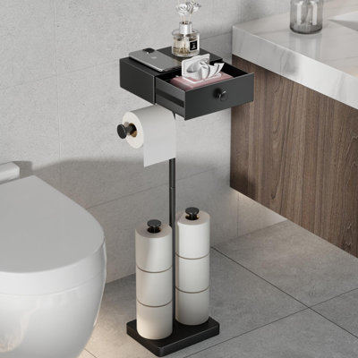 Toilet Paper Holder Stand With Shelf, Free Standing Black Toilet Paper Roll Holder With Wipes Storage Drawer Heavy Duty Floor Bathroom Tissue Holder Freestanding No Drill Tp Holder For 7 Rolls