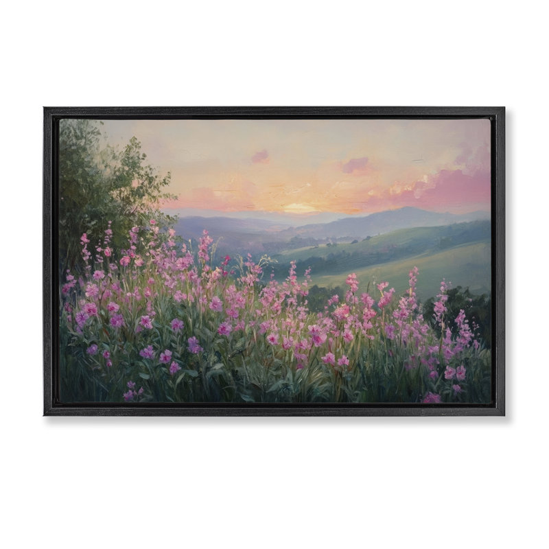 Cadre flottant Twilight Meadow Pink Flowers, design par Petal Prints Design, Cadre flottant noir de jais, H 17 po x l 25 po