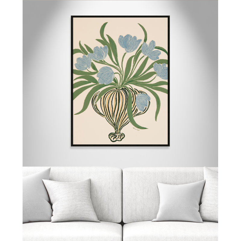Colette La Poire, reproduction de tulipes bleues par Camilla Bergqvist, H 41,5 po x l 31,5 po, Espresso