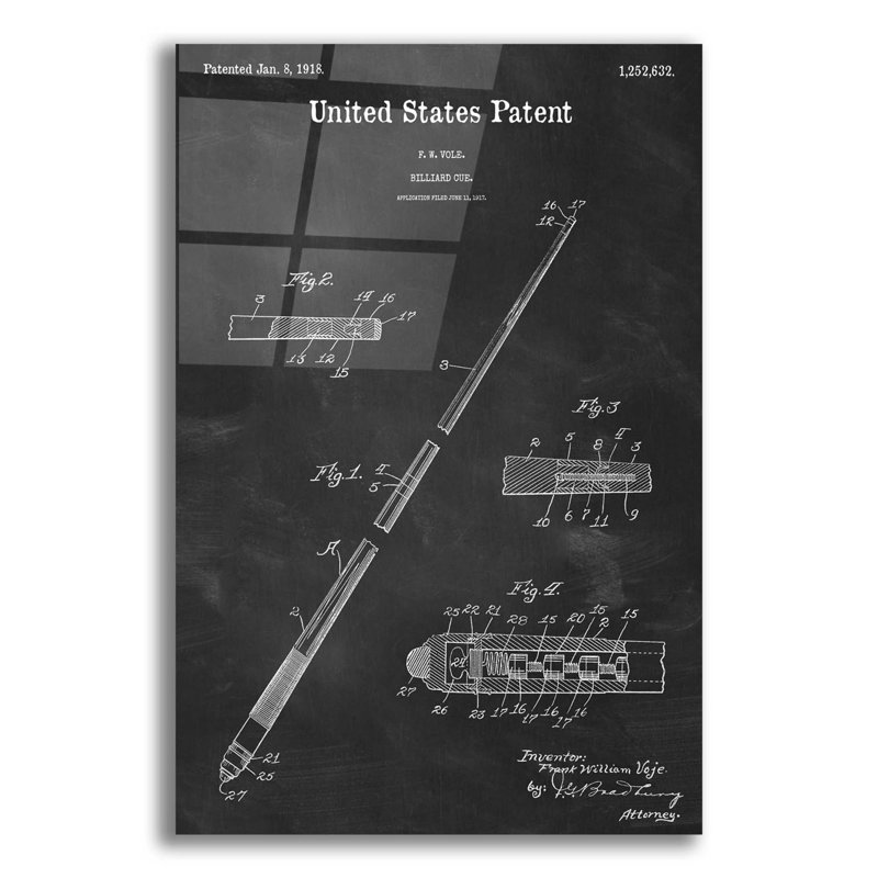 Tableau noir Billard Cue - brevet, impression sans cadre, H 16 po x l 12 po x P 0,13 po