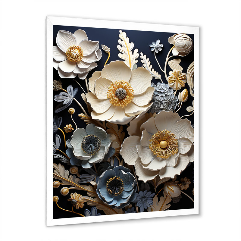 «Buttercups Emerge From The Shadows» en noir sur toile, Cadre simple blanc, H 40 po x l 30 po x P 1,5 po