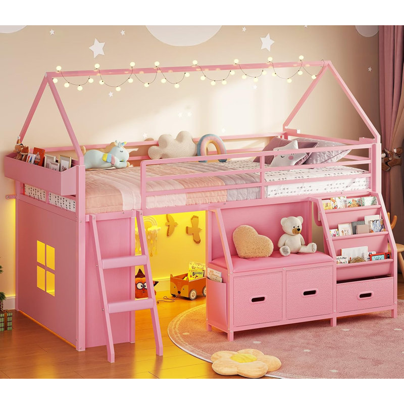 Low Loft Bed Twin Size With Bookshelf, Reading Nook, Led Kids Loft Bed With 3 Drawers, Under-Bed Play Space, House Loft Beds With Safety Guardrail, Inclined Ladde & Play Curtain