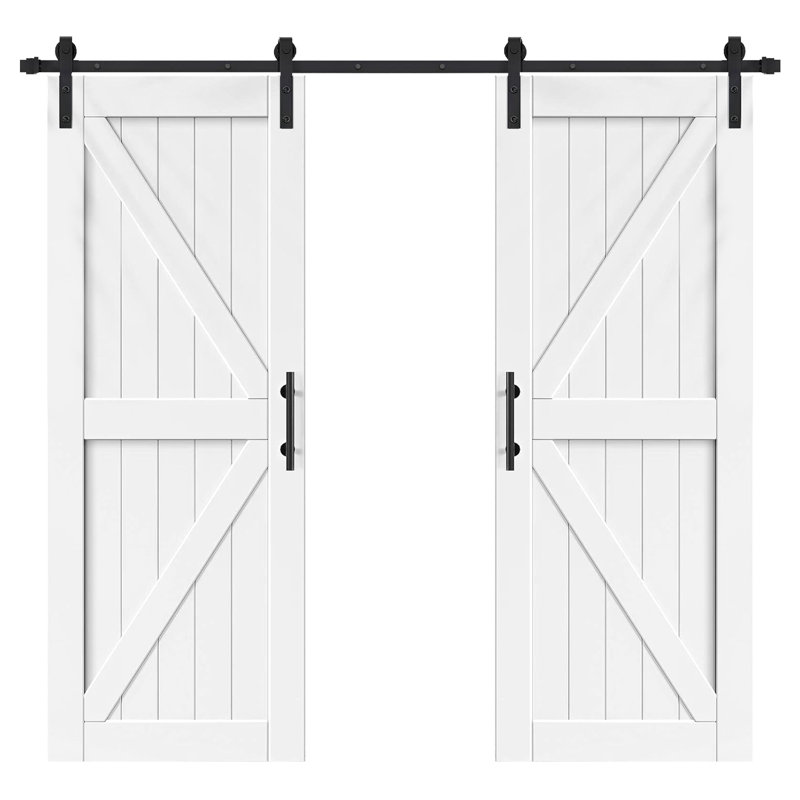 Porte de grange coulissante à panneaux double en bois manufacturé avec quincaillerie d'installation incluse, cadre en K, Noir