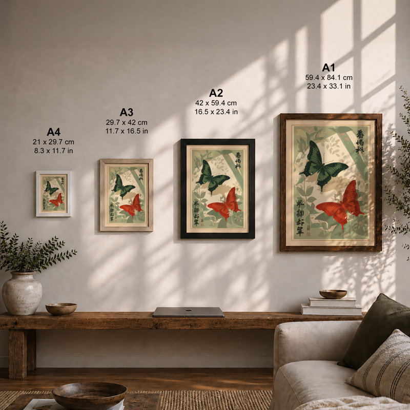 Butterflies Among Flowers Japandi - Framed Print, Unframed, A3 - 42.0 x 29.7 cm