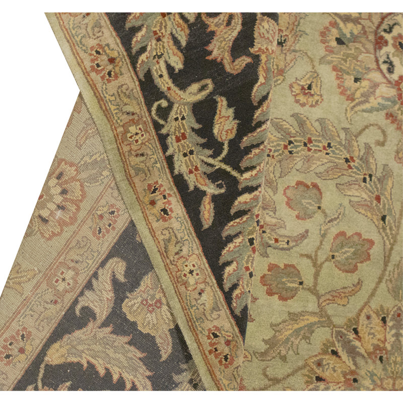 Hand Knotted Wool Oriental Area Rug in Light Green And Black