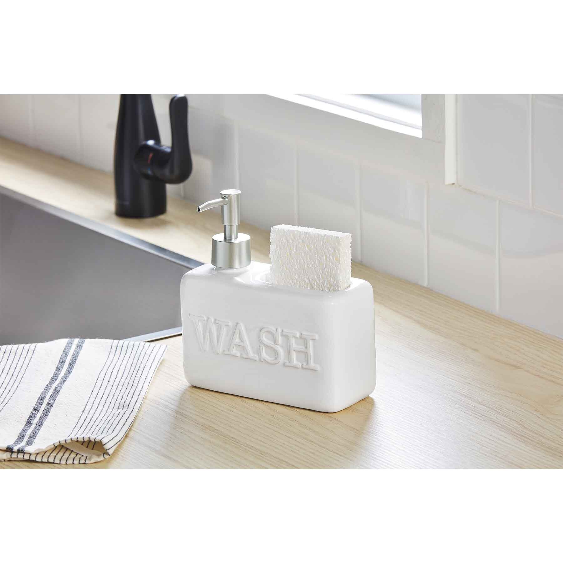 Kitchen Soap Dispenser and Sponge Holder Small Wood Tray With