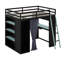 Lit mezzanine en bois pleine grandeur avec garde-robe, tablettes, rideaux occultants et lumières RVB-121334860