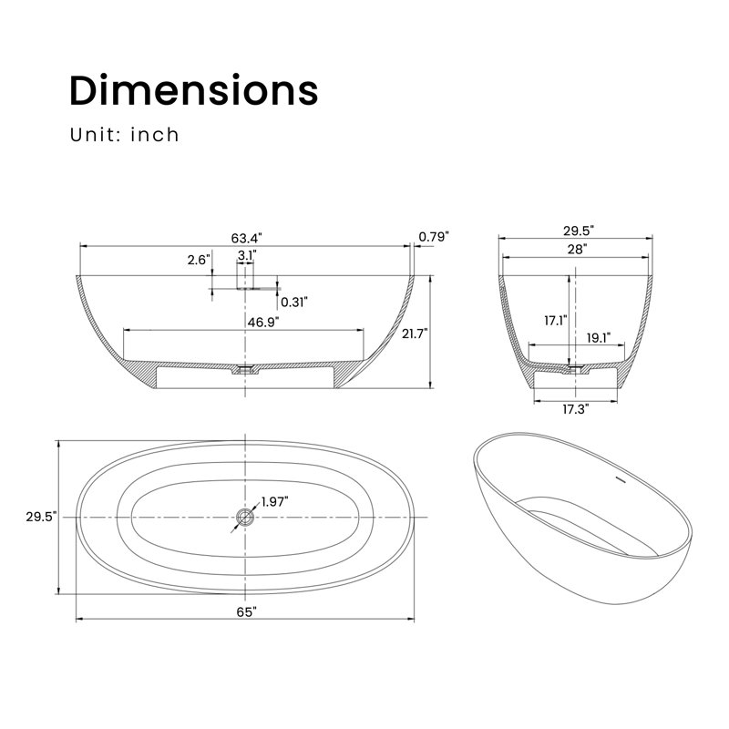 Matte Black 65'' Solid Surface Freestanding Soaking Bathtub