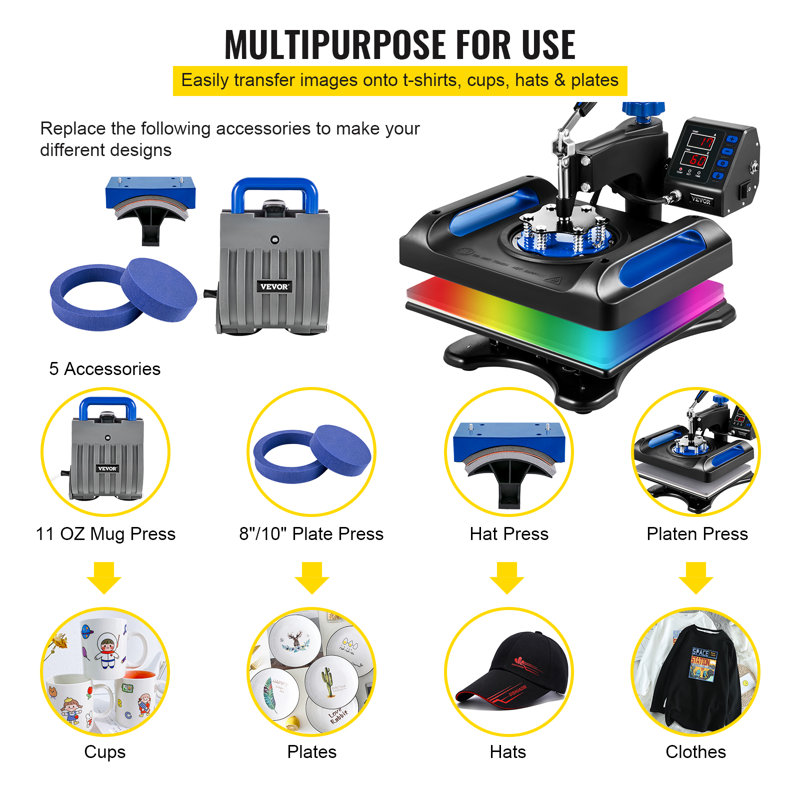 VEVOR Heat Press Machine 12 X 15 Inches Sublimation 5 In 1 360 Swing Away Digital, Black&Blue