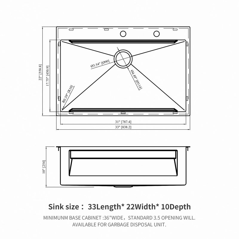 Évier de cuisine encastré 33 po, évier de cuisine 33 po x 22 po x 10 po à cuve simple encastrable en acier inoxydable calibre 16