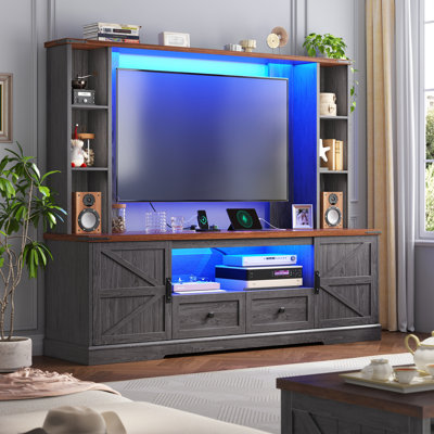 Meuble télé avec meuble télé Farmhouse de 60 po avec lumières DEL et station de charge intégrée, armoire de rangement avec porte de grange et tablettes ouvertes, grande console multimédia rustique pour le salon