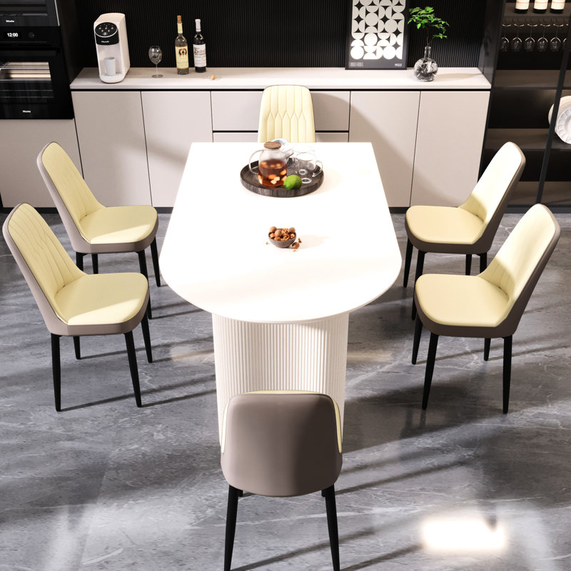 Table de salle à manger de 63 po de style crème et 6 chaises rembourrées rembourrées en éponge confortable, esthétique pour tout décor d'intérieur de style Mid-Century