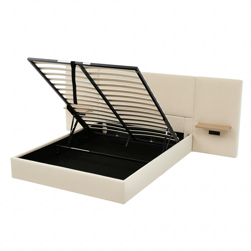 Lit coffre relevable rembourré Coletti avec tête de lit extensible, station de recharge et éclairage DEL, Grand lit, Crème
