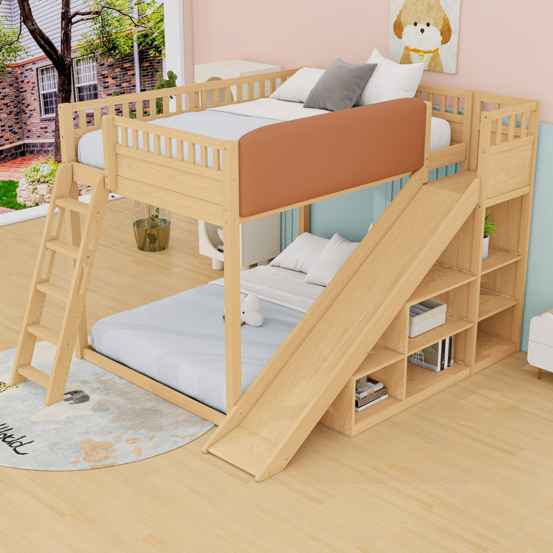 Lit mezzanine avec tablettes de rangement et glissoire, Naturel, Grand lit