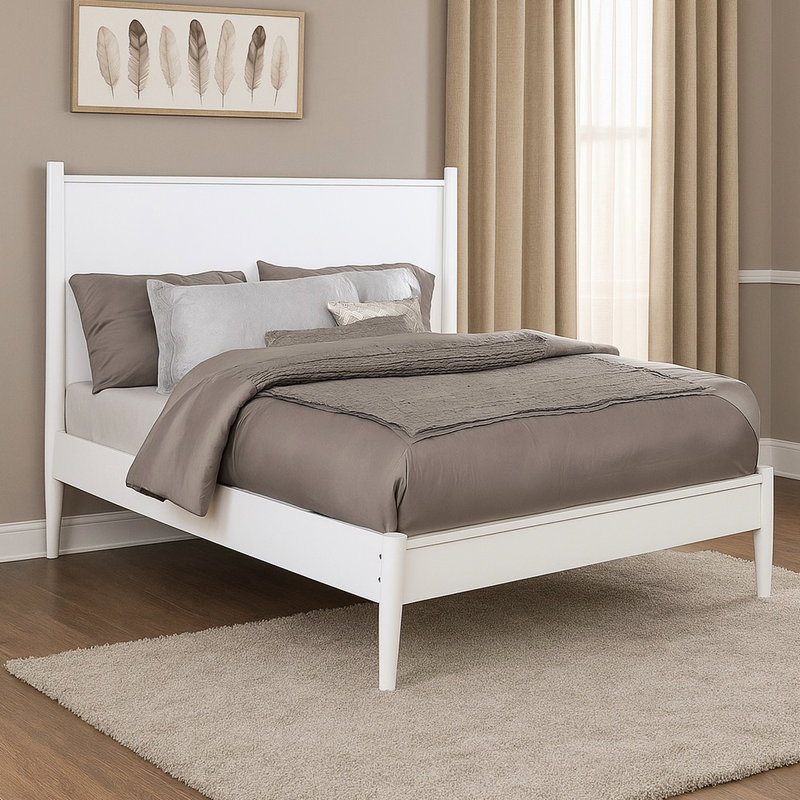 Lit plateforme pleine grandeur de style Mid-Century blanc, structure, pieds ronds fuselés, ensemble de lattes, aucun sommier nécessaire pour la fabrication en bois de chambre à coucher,