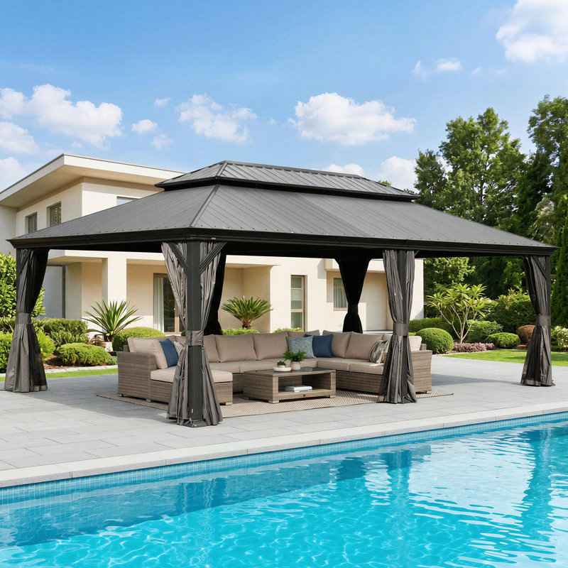 Outdoor Patio Metal Frame Wood Grain Resin Roof Gazebo with Privacy Curtain Mosquito Netting