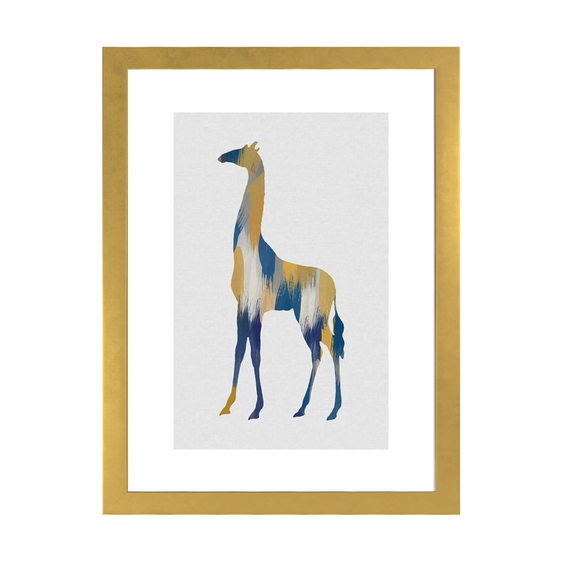 Girafe bleue et jaune - impression, H 24 po x l 16 po x P 1 po, Papier encadré doré