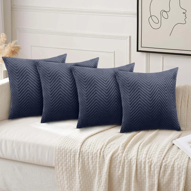 Luxury Chevron Embossed Quilted Pattern Velvet Cushion Cover Set (4-Pack) - Soft Throw Cushion Cover for Home Décor, Charcoal