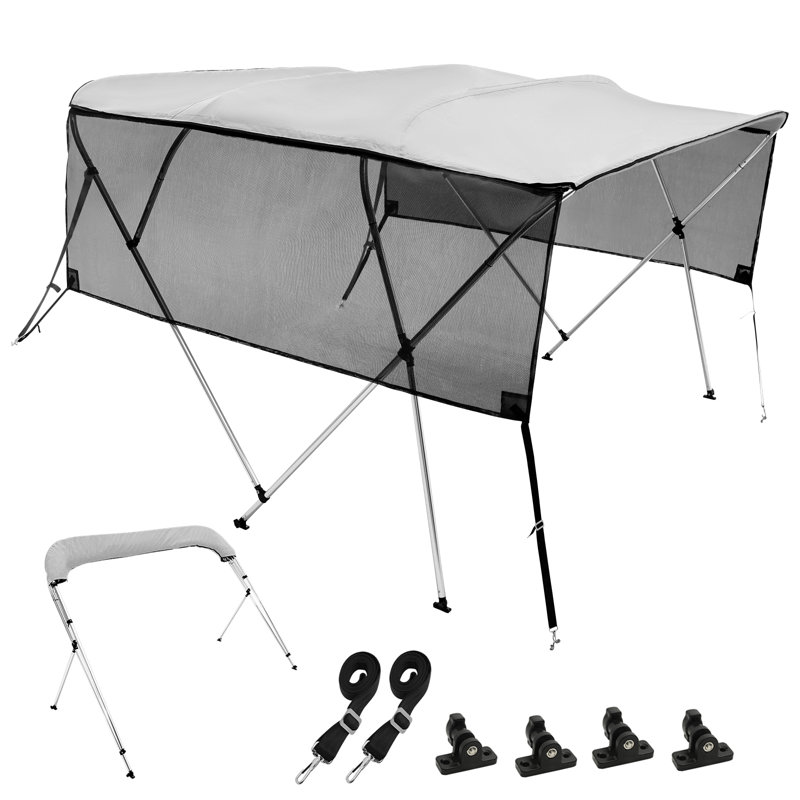 Light Gray 4 Bow Bimini Top Boat Cover with Mesh Sidewalls and Aluminum Frame