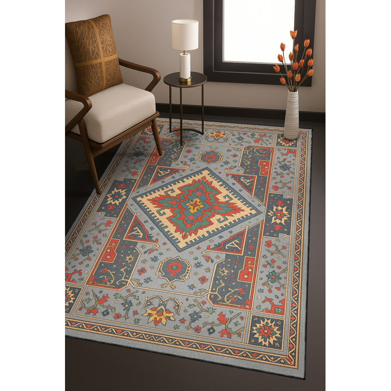 Tapis bleu tissé lavable rétro Mosso, 2' x 2'11"