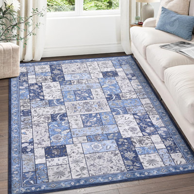 Tapis 8 pi x 10 pi en chenille dégradé vieilli, tapis lavable et antidérapant pliable pour le salon, bleu