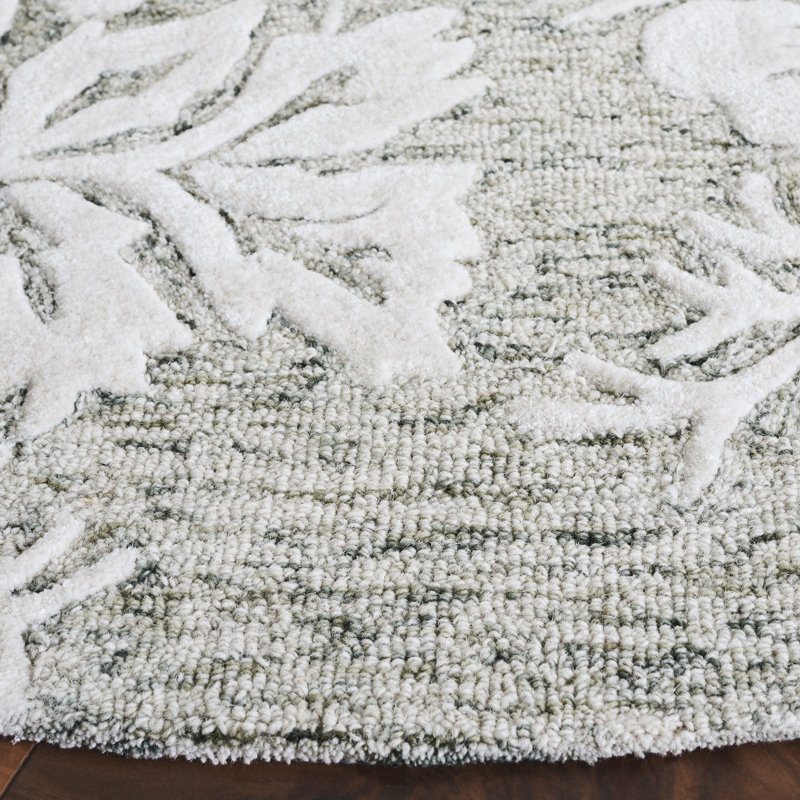 Tapis floral vert / ivoire en laine / coton / viscose touffeté à la main Glamour 151, Rond 6 pi