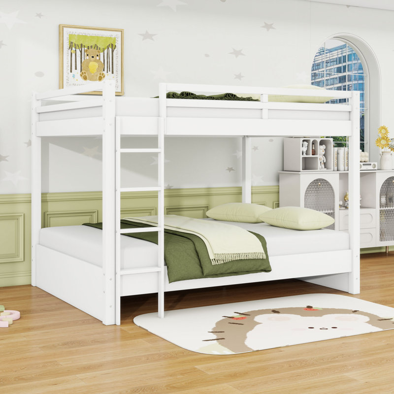 Queen Over Queen Wooden Bunk Bed With Ladder And Guardrails, White